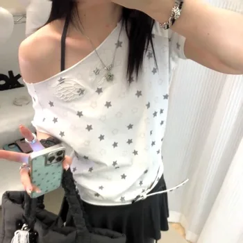 Skew Collar Off Shoulder Short Sleeve T-shirts Vintage Embroidery White Top for Women 2026 Summer New All-match Tee Shirt 1