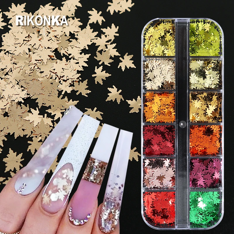 

12 Colors Metallic Maple Leaf Mirror Nail Sequins Kit For Nail Art Decoration 3D Fallen Leaves Paillettes Autumn French Manicure