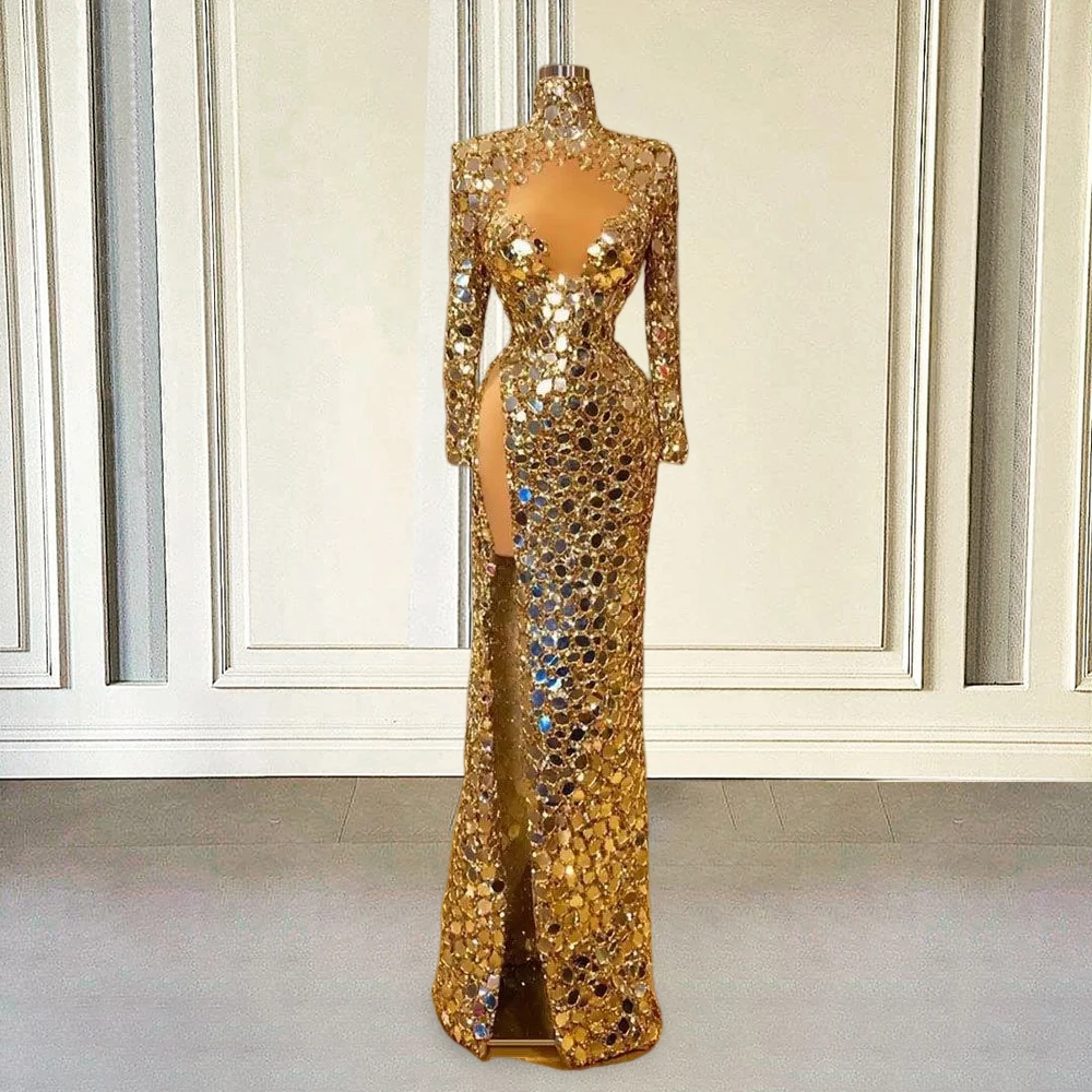 Gold Mirror Sequin Evening Dresses Luxury 2024 Mermaid Beads High Slit Sexy African Women Formal Prom Party Gown Customized 3