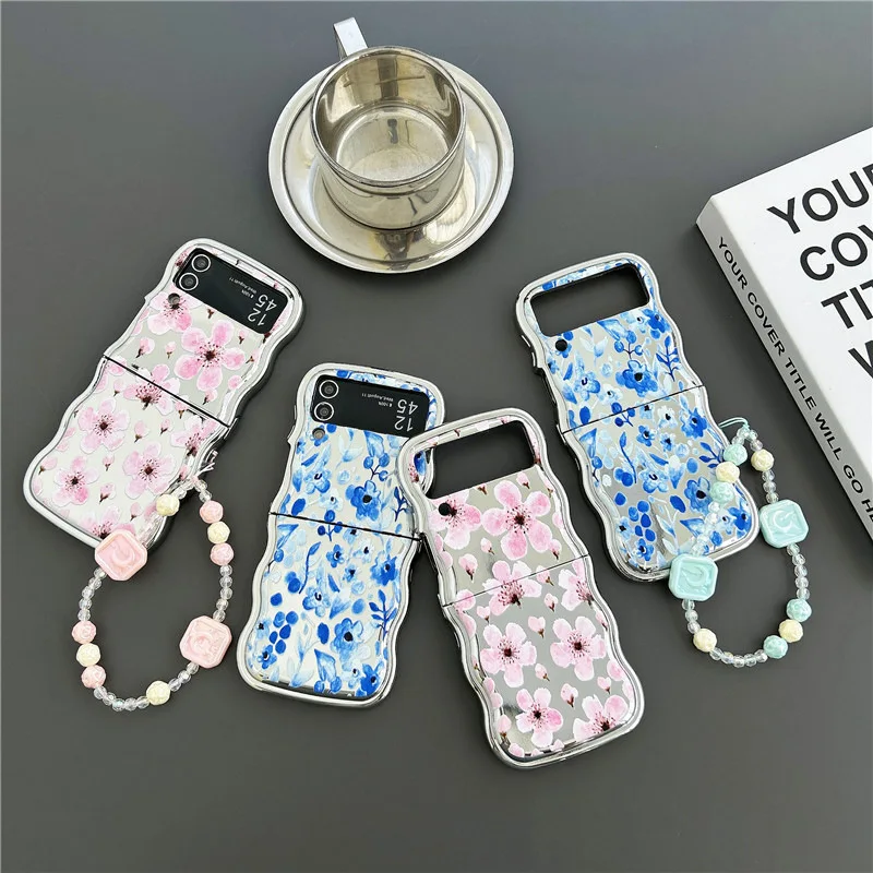 

Electroplated Pink Blue Flowers Phone Case for Samsung Galaxy Z Flip 5 4 3 Protective Back Cover for ZFlip3 ZFlip4 ZFlip5 Shell