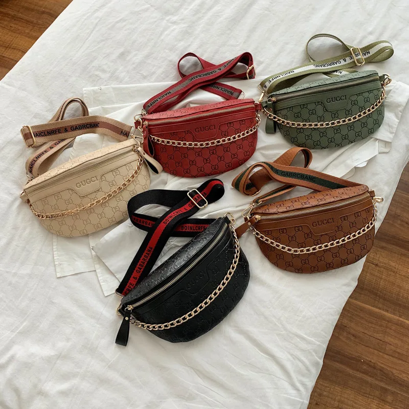 Fashion Simple Women's Waist Bag Chain Shoulder Crossbody Bag Hundred Ladies Chest Letters Printing PU Material pu crossbody bag