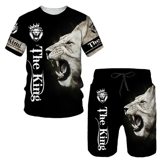 

Men's 3D Lion Lettering T-Shirt Shorts Set Summer Casual Loose-Fitting Outfit Paired With A Two-Piece Set Animal Element Clothes