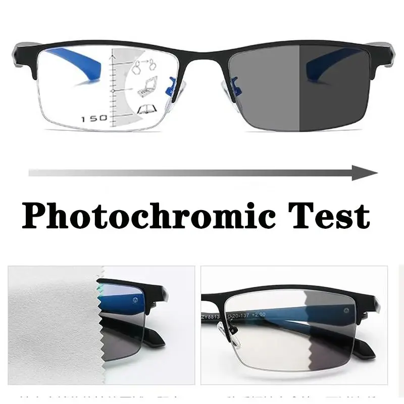 Hochwertige photochrome progressive multifokale Lesebrille für Herren, Presbyopie-Brille für Herren, Business-Brille mit Chamäleon-Gläsern – Detail 7