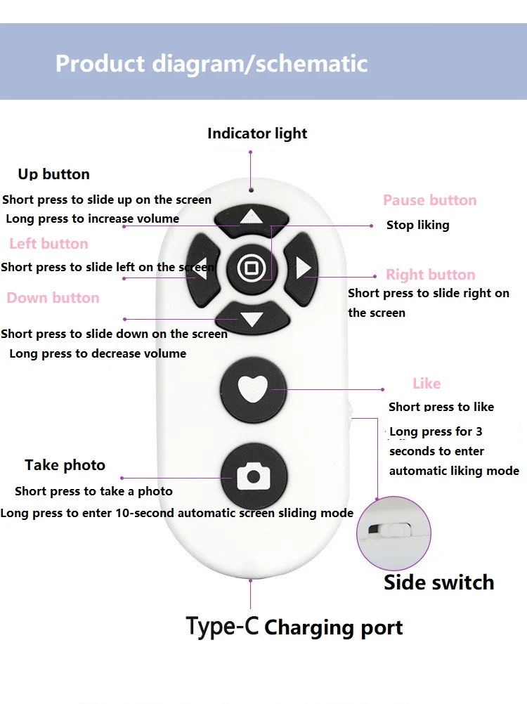 Wireless Camera Controller & Bluetooth Selfie Stick with Multi-functions: Page Flip, Like, and Shutter Trigger