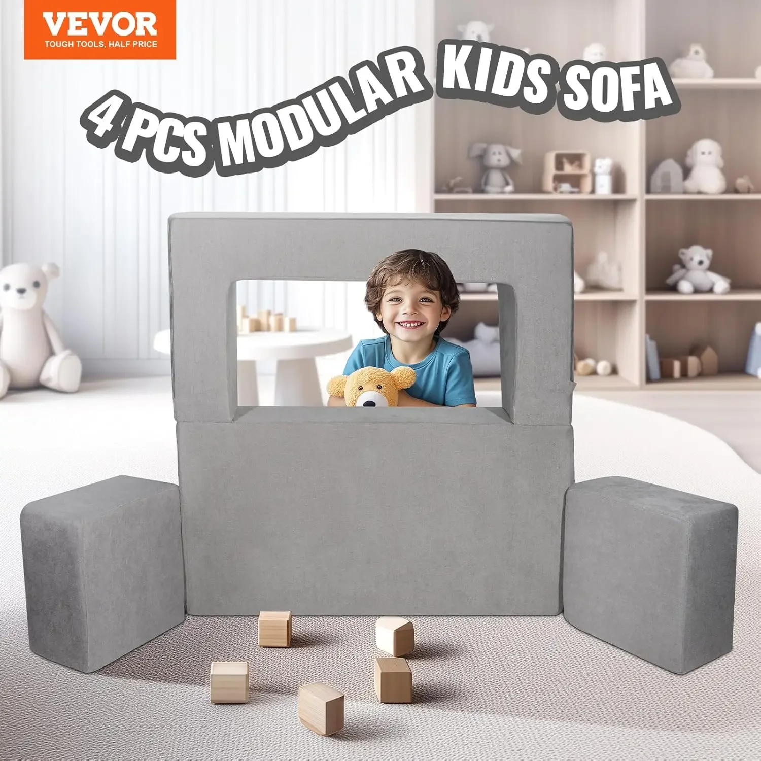 Kids Couch, 4Pcs Modular Kids Play Couch, Toddler Couch Sofa Bed, Kids Chair Seat Playroom Furniture, Child Sectional Sofa 4