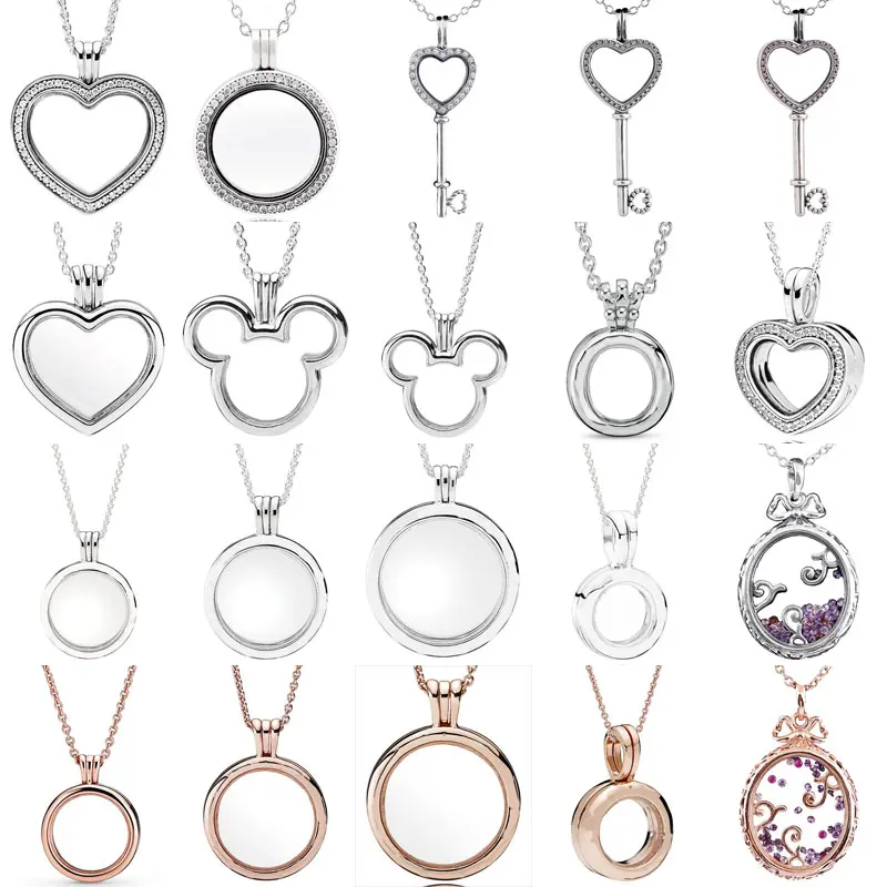 

Sparkling Heart Large Key Crown Mouse Regal Pattern Lockets Floating 925 Sterling Silver Necklace For Fashion Bead Charm Jewelry