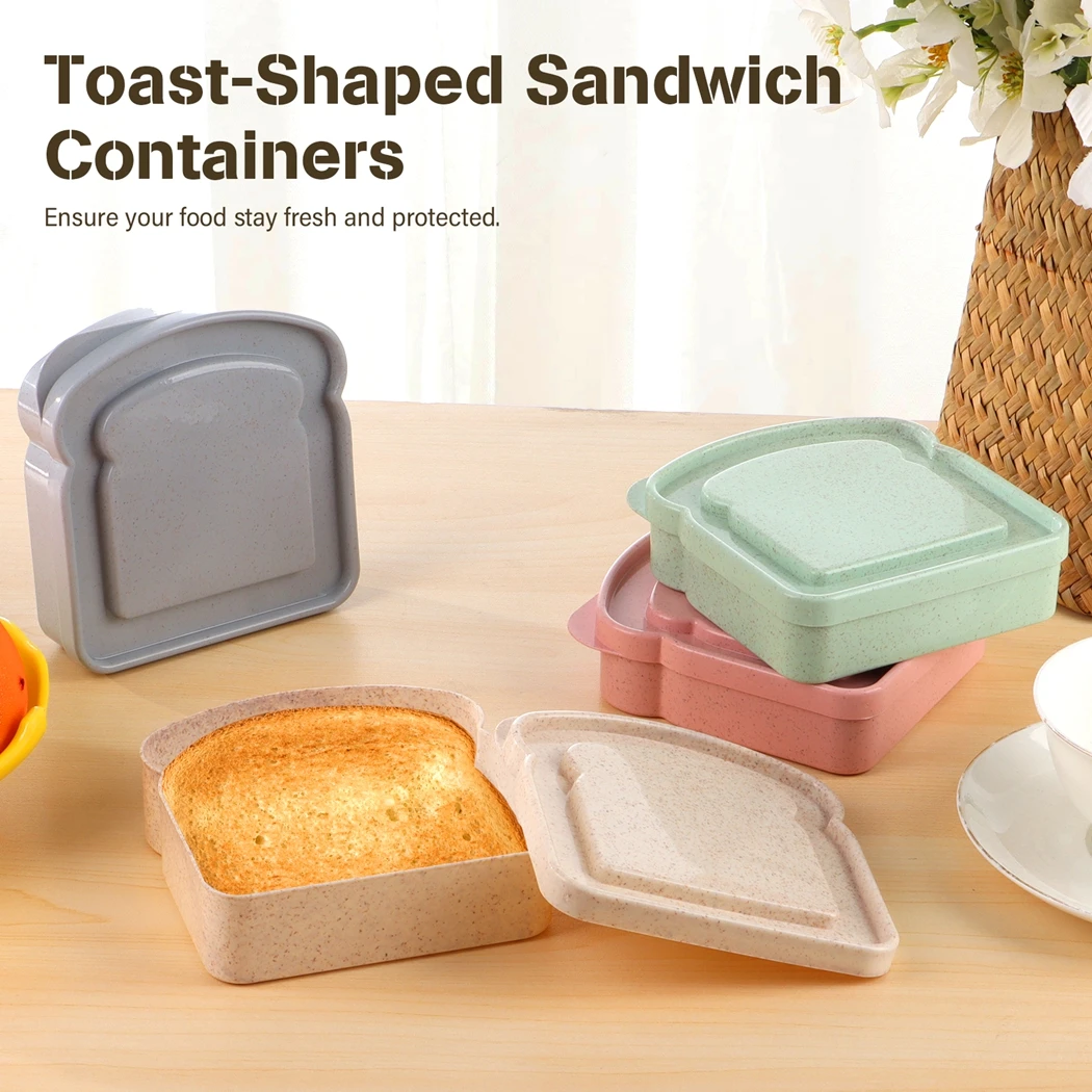 4Pcs Sandwich Boxes Toast-Shaped Sandwich Containers Reusable Plastic Keepers Portable Holders Food Storage