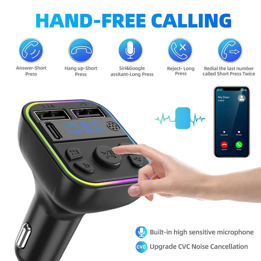 FM Transmitter Car MP3 Player 1pcs Car Bluetooth Player Car 5.0 FM Transmitter PD MP3 3.1A Colorful USB Charger Fast Light Type-C Handsfree Ambient Dual P2G4