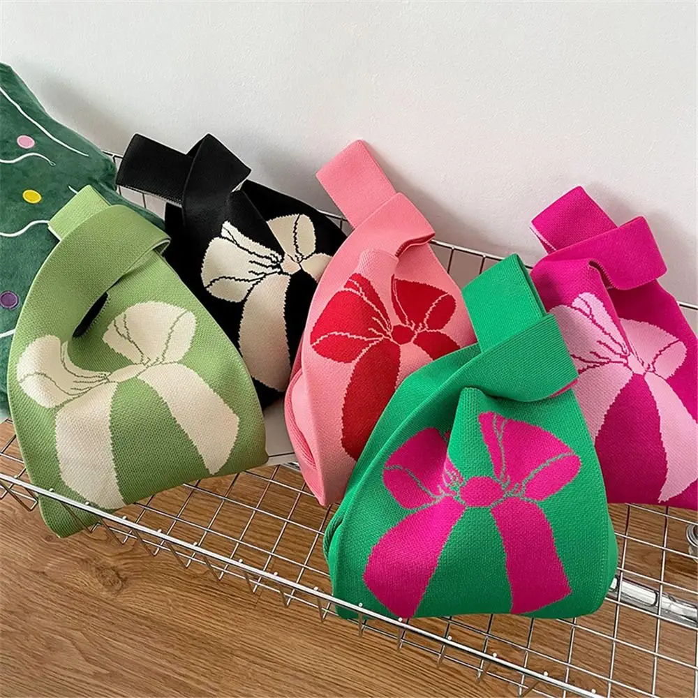 Hot Sale Handmade Knit Handbag Reusable Casual Bow Tie Knot Wrist Tote Fashion Shopping Handbag 20*36cm for Women Girls