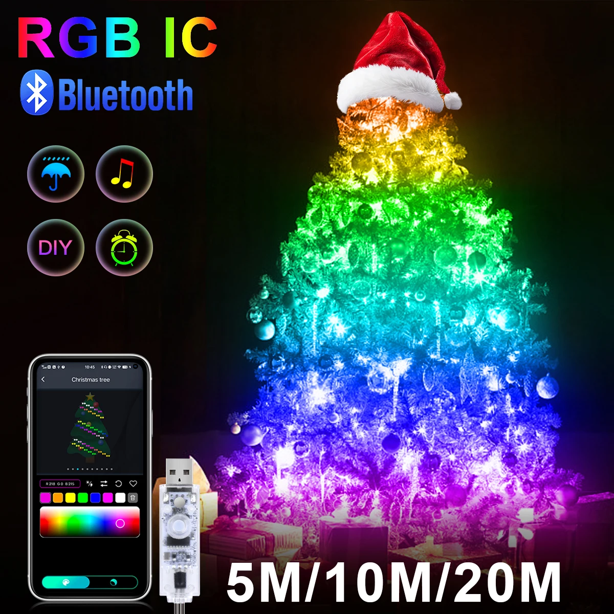 20M RGBIC USB 5V LED Sting Light Bluetooth Music APP WS2812 Programmable DIY Fairy Lights Birthday Party Garland Christmas Decor fairy string lights