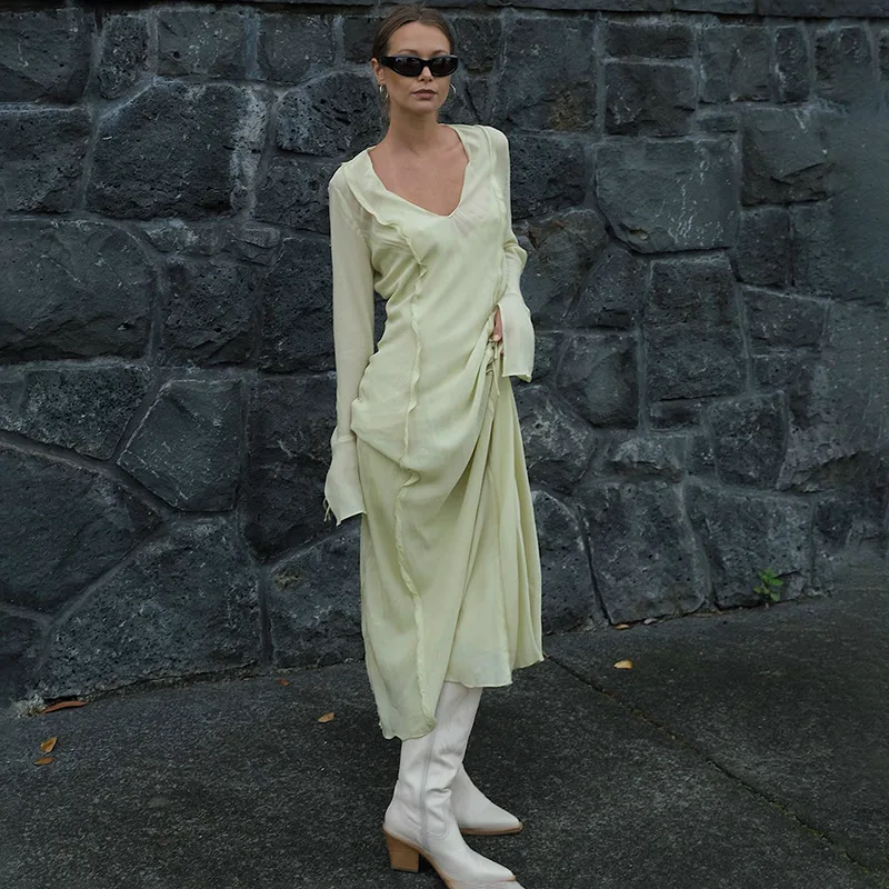 

Elegant Mesh Beach Dress Women 2023 Summer Sexy Flare Sleeve Bodycon Maxi Dress Evening Club Party Long Dress Green Cover-Ups