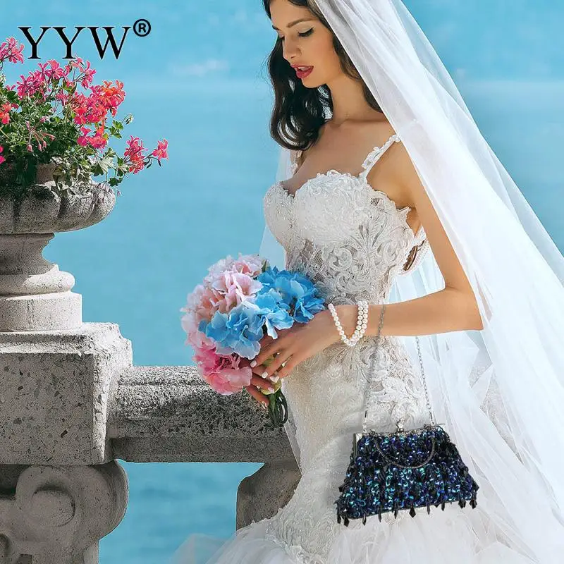 Vintage Women Crystal Beaded Evening Wedding Clutch Handbag Rhinestone Bling Sequins Embroidery Crossbody Cocktail Party Purse