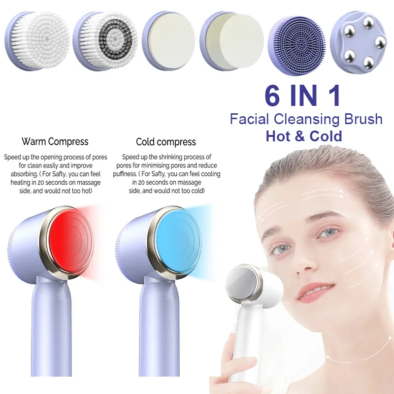 6 In 1 Hot Cool Face Cleansing Brush Electric Deep Washing  Pore Cleaner Blackhead LCD Vibration Lifting Skin Firming Massage