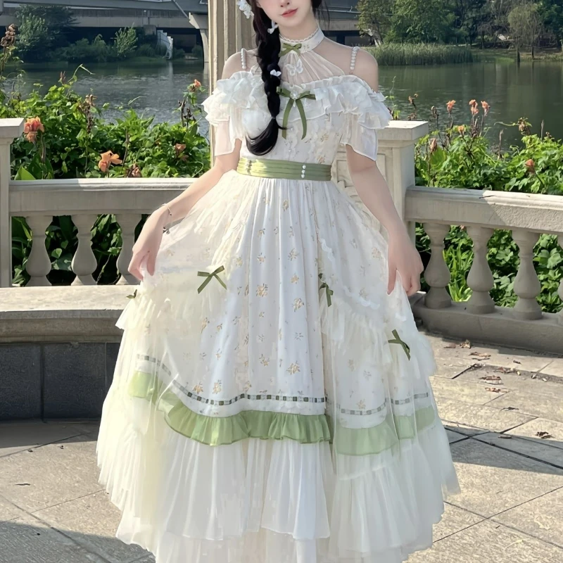 Victorian Vintage Lolita OP Dress Women Bow Ruffles Off Shoulder floral long Party Dress lolita dress,lolita cosplay costumes