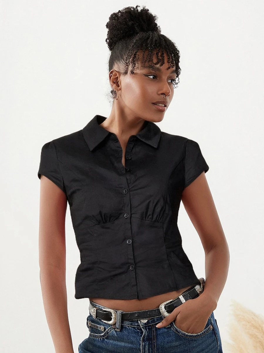 Casual Solid Color Button Down Shirt with Short Sleeves for Women Stylish Crop Top Blouse for Streetwear Fashionistas