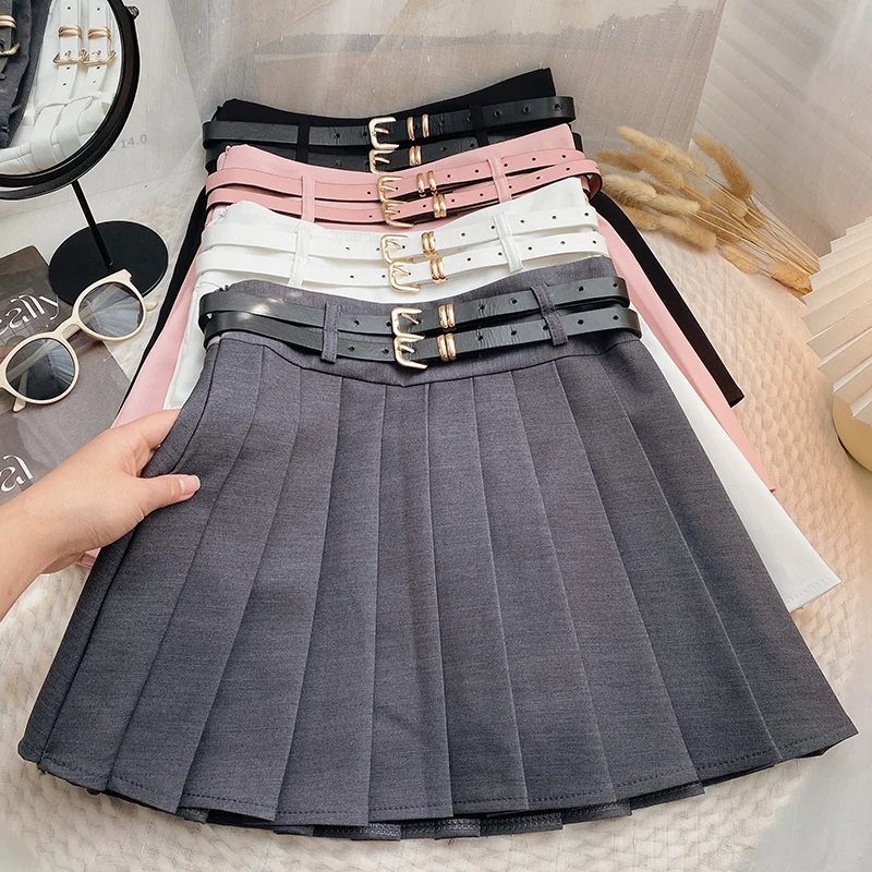 Summer Double Belt Pleated Mini Skirts Women High Waist Preppy Style Fashion With Safety