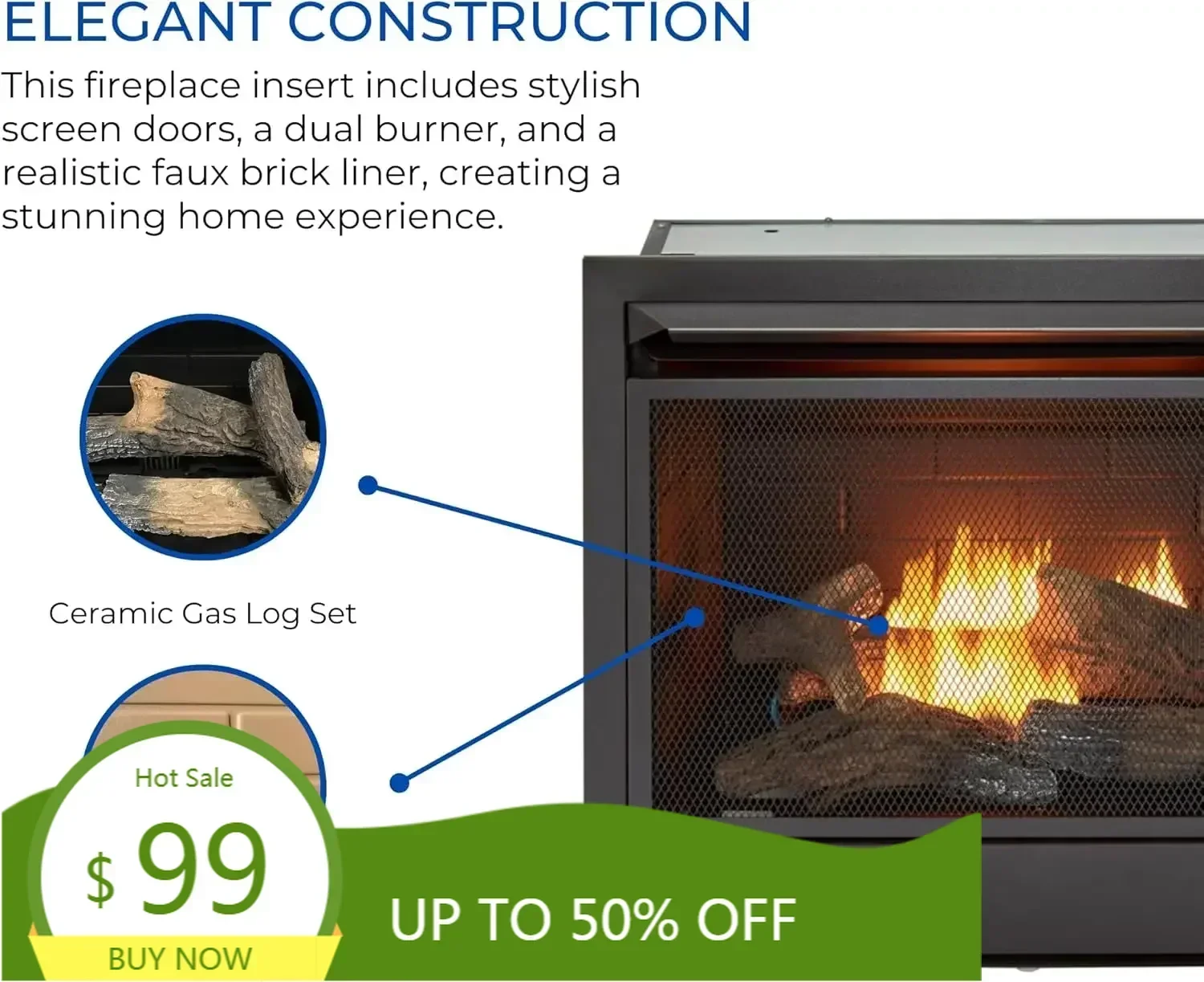 Ventless 26,000 BTU Heats 1,350 Square Feet Dual Fuel No-Clearance Gas Fireplace Insert with Remote Control, Black