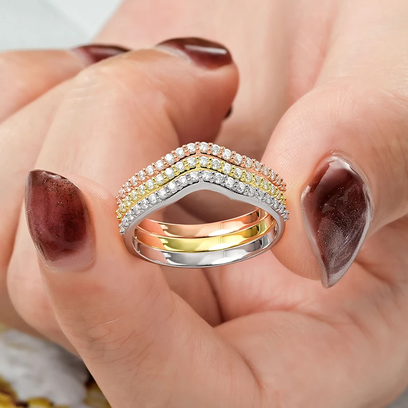 RAPRGOLD 1.3mm 라운드 모이사나이트 얇은 스택형 반지 여성용 미니멀리스트 하프 이터니티 밴드 웨딩 파인 주얼리 선물