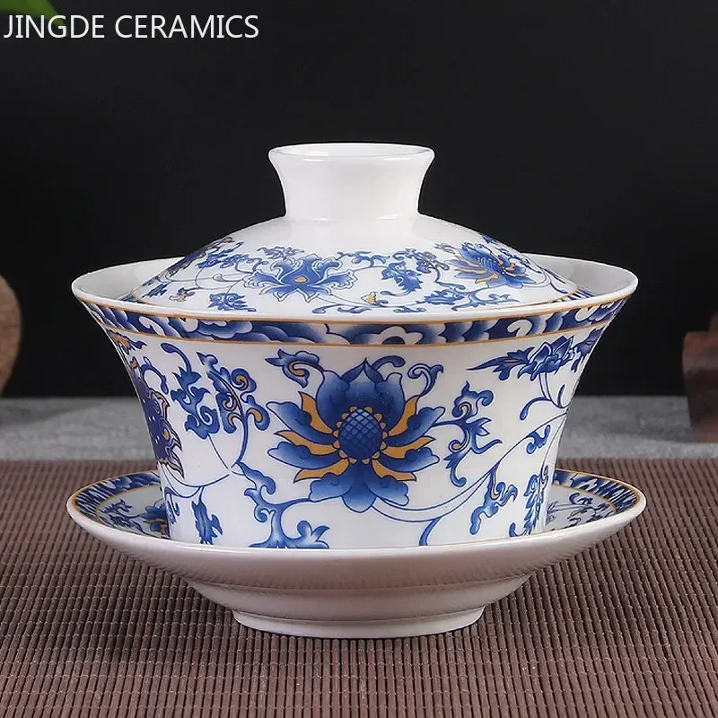 Jingdezhen Ceramic Gaiwan Sancai Tea Bowl Chinese Traditional Pattern Cover Bowl Blue and White Porcelain Tea Set