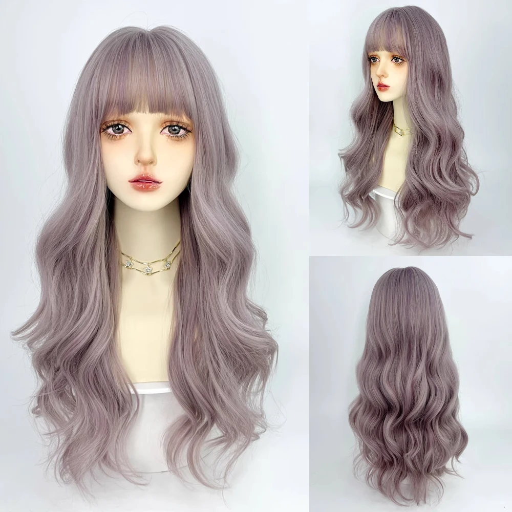 

Synthetic Long Wavy Gray Purple Women Wigs with Bangs Natural Lolita Cosplay Fluffy Hair Wig for Daily Party