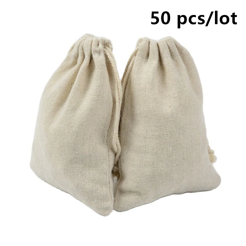 50 Pieces/lot Linen Storage Bags Reusable Cotton Drawstring Pouches