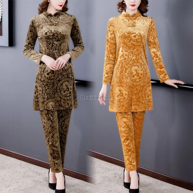 autumn winter new chinese retro style velvet tang suit set stand collar blouse long trousers cheongsam two-piece set b133