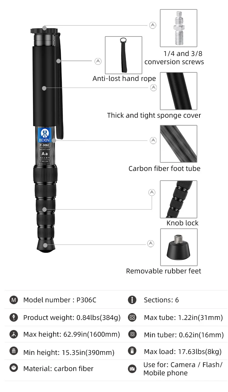 BEXIN-Tripé de Câmera Profissional, Leve, Portátil, Viagem,