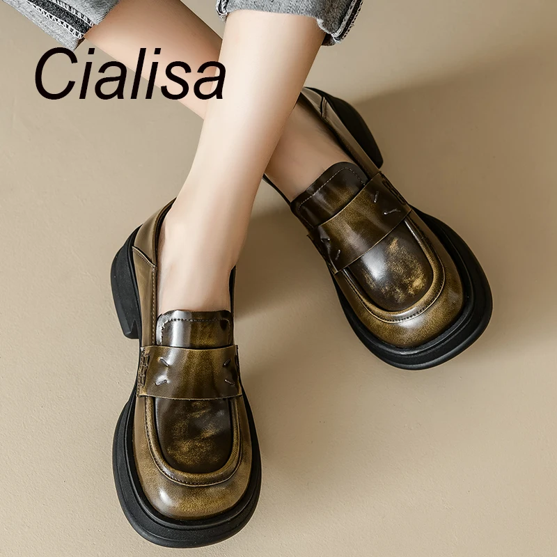 

Cialisa Platform Loafers 2024 Spring Vintage Round Toe Handmade Genuine Leather Casual Thick Mid Heels Brown Shoes For Women 40