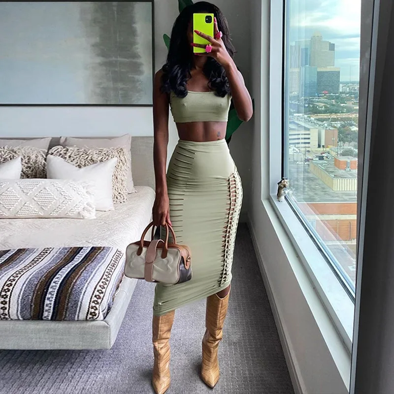 

Solid Women Summer Suit Square Neck Short Tank Tops And High Waist Hollow Out Knee Length Skirt Two Piece Set Female Streetwear