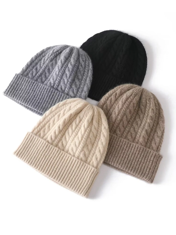 35% Cashmere Blend Thick Vintage Cable Beanies Women Solid Ribbed Hem Soft Knitted Cap Hat Wool Autumn Winter Warm Skull Caps 3