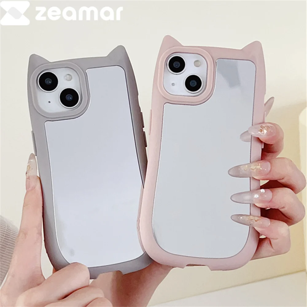 Luxury-3D-Cute-Cat-Ears-Makeup-Mirror-Case-For-iPhone-15-14-13-12-Pro ...
