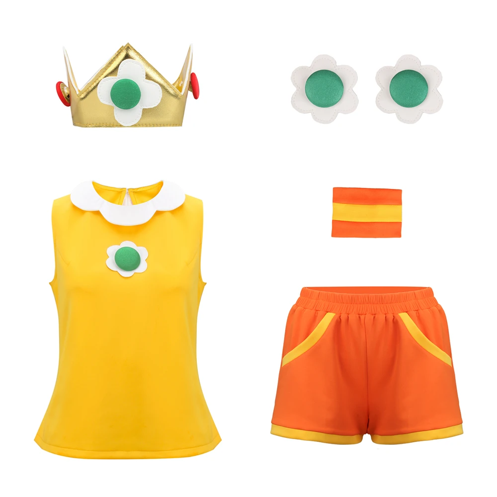 Princess Game Daisy Cotume Yellow Tennis Outfit Top Shorts Ear Clips  Wristband Clown Halloween Costume Cosplay - AliExpress, image size:1000x1000