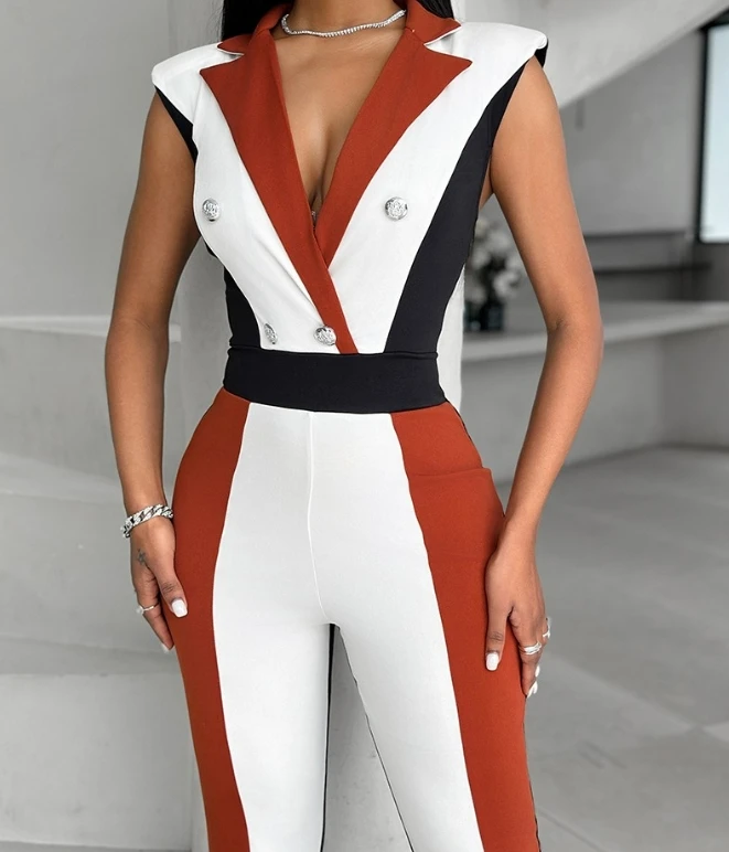 Blazer Jumpsuit for Women Streetwear New Spring 2024 Fashion Colorblock Double Breasted Sleeveless Y2k Jump Suits for Female