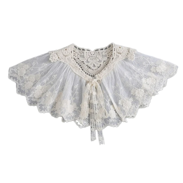 Châle en dentelle florale brodée pour femme, col faux amovible, grande écharpe plissée en mousseline de soie, nœud papillon à lacets, capelet élégant 1