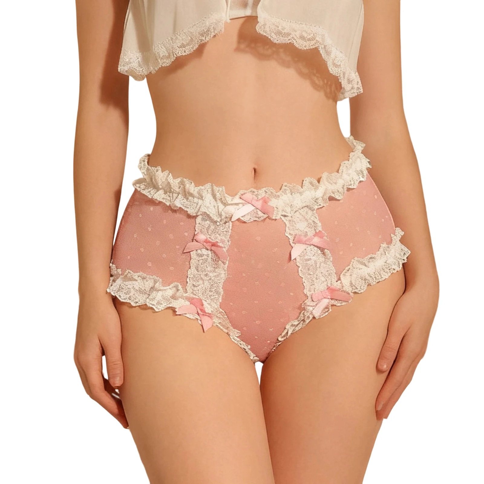 Women's Sweet Lingerie Lace Briefs, Mid Rise Bow Decor Thongs Sheer Mesh Hipster Panties