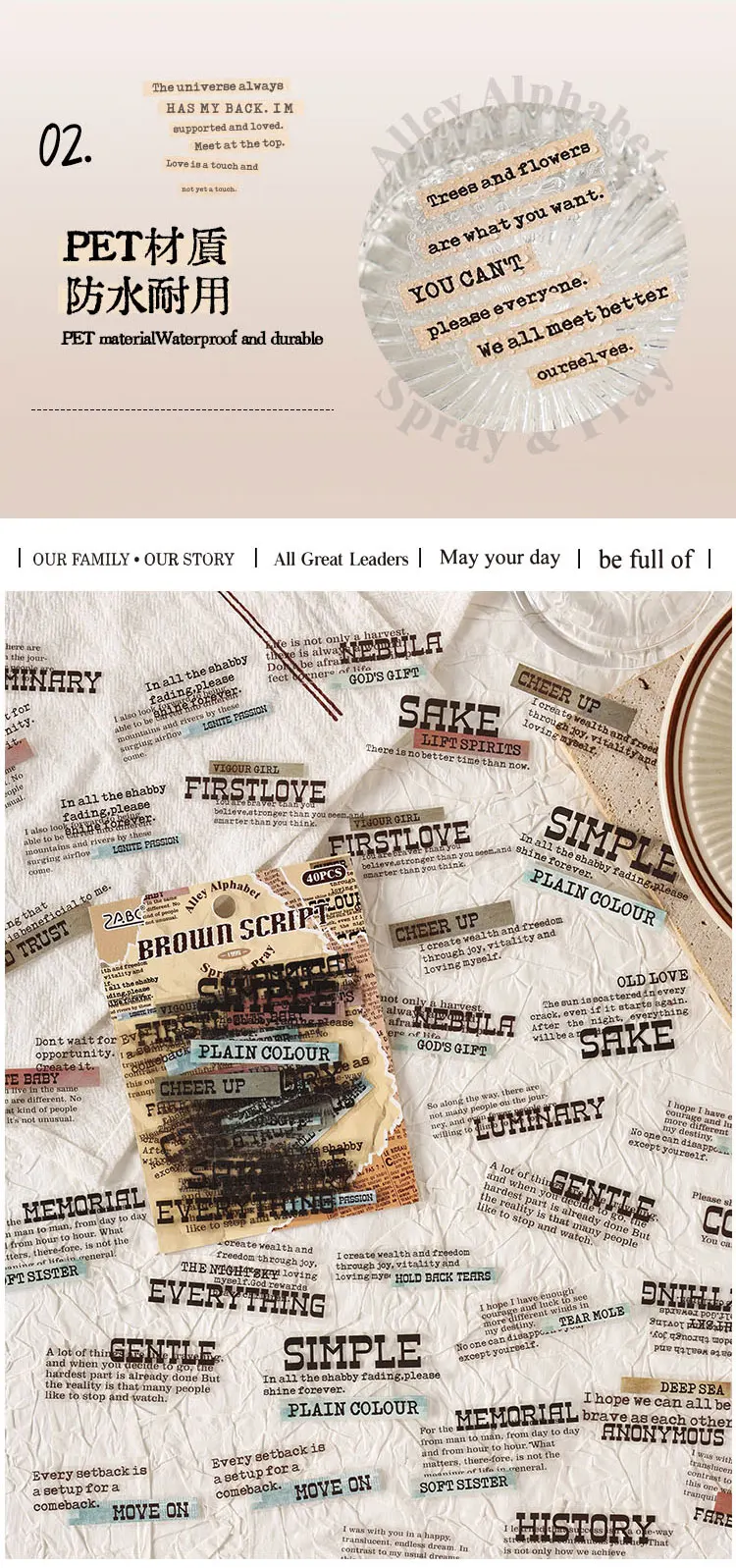 JIANQI 40 Blatt Vintage INS Große Textfragmente Aufkleber Dekorative Etiketten Tagebuch Album handgefertigte Scrapbooking-Zubehör – Detail 4