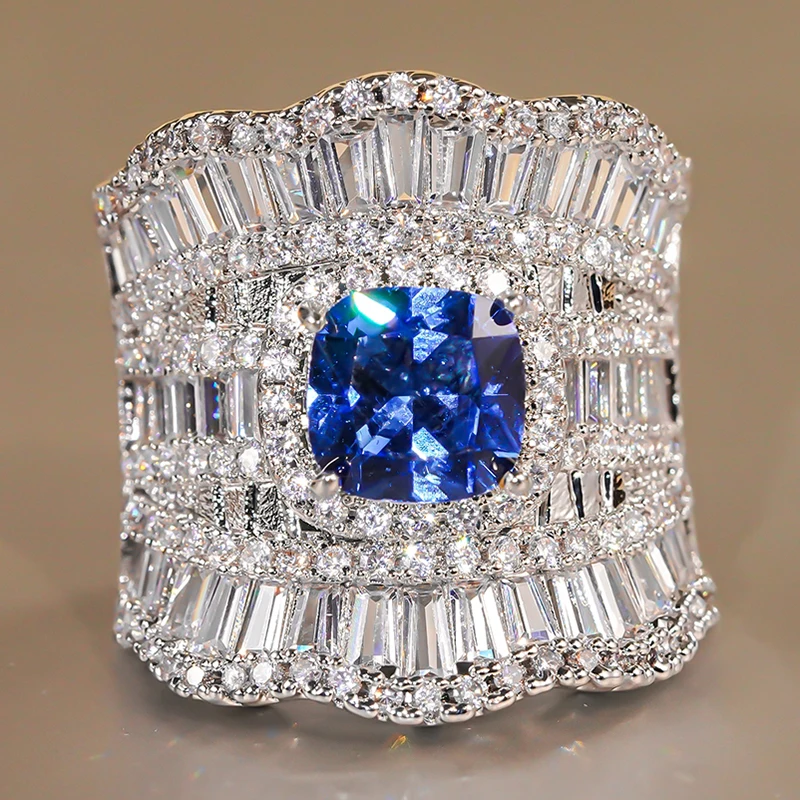 Huitan Wunderschöne gepolsterte blaue/weiße CZ-Eheringe für Frauen, funkelnde Verlobungsfeier, Damen-Accessoires, moderner Modeschmuck – Detail 3