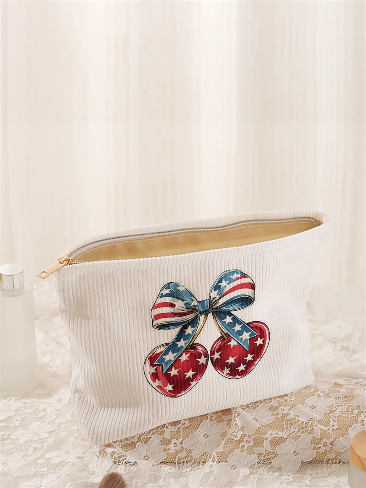 1 butterfly knot patterned corduroy makeup bag, lightweight zipper makeup storage box, multifunctional bag with lining