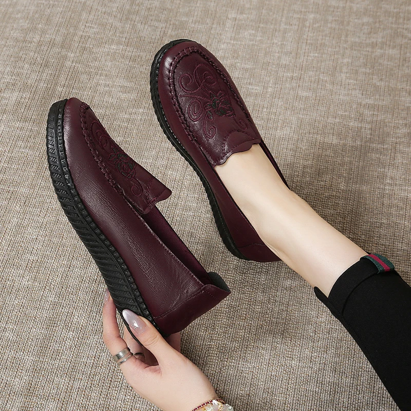 Vintage Scroll Embroidered Faux Leather Slip-On Loafers with Smooth Upper and Lightweight Design