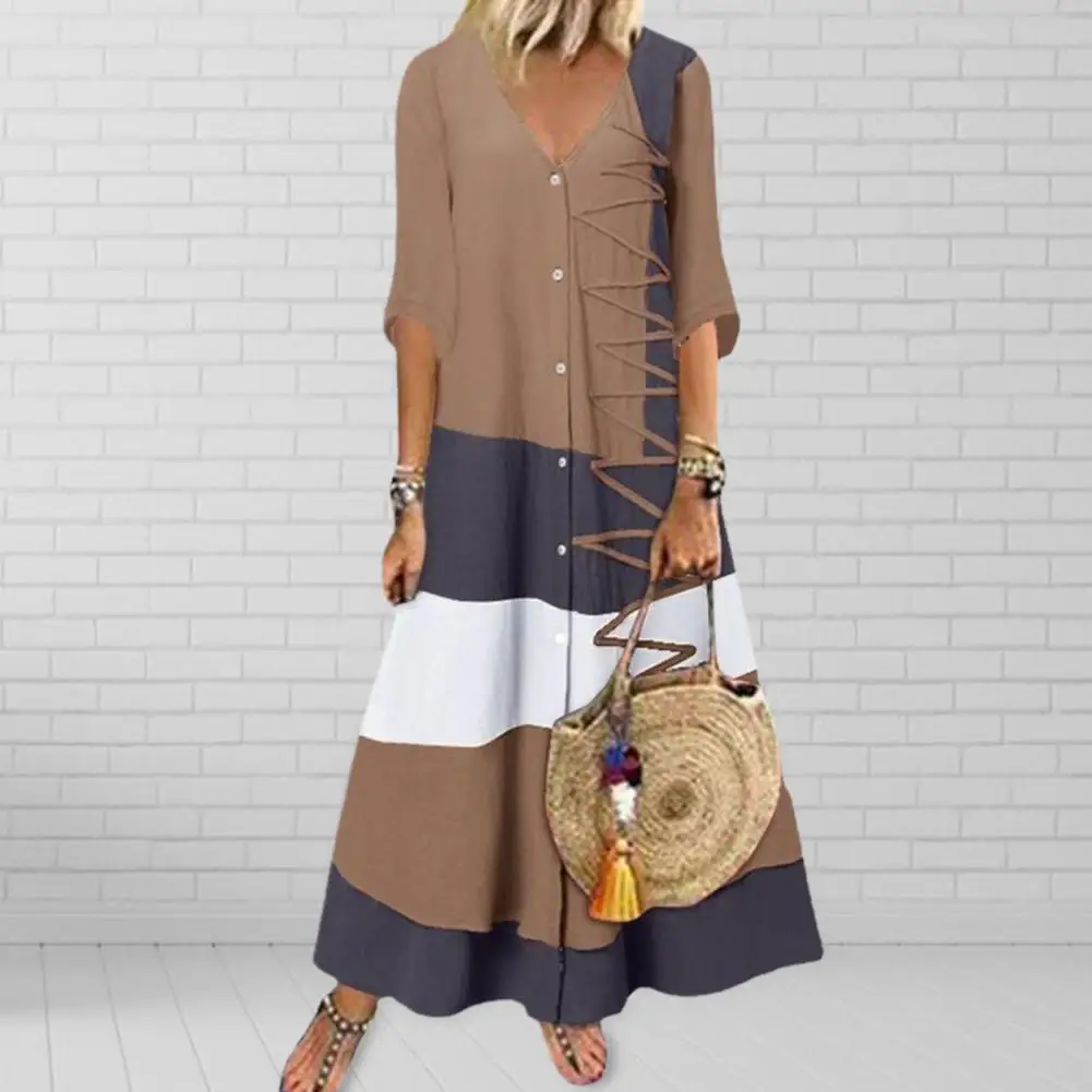 

Popular Summer Dress Polyester Beach Dress Concise Buttons Printed Boho Beach Long Dress Washable