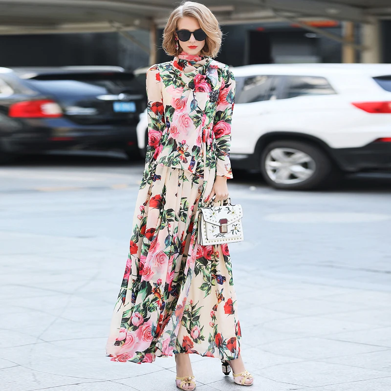 

Women's Dress 2023 New Rose Print Large Swing Silk Chiffon Nail Beads Sequin Printed Long Dress Free Shipping