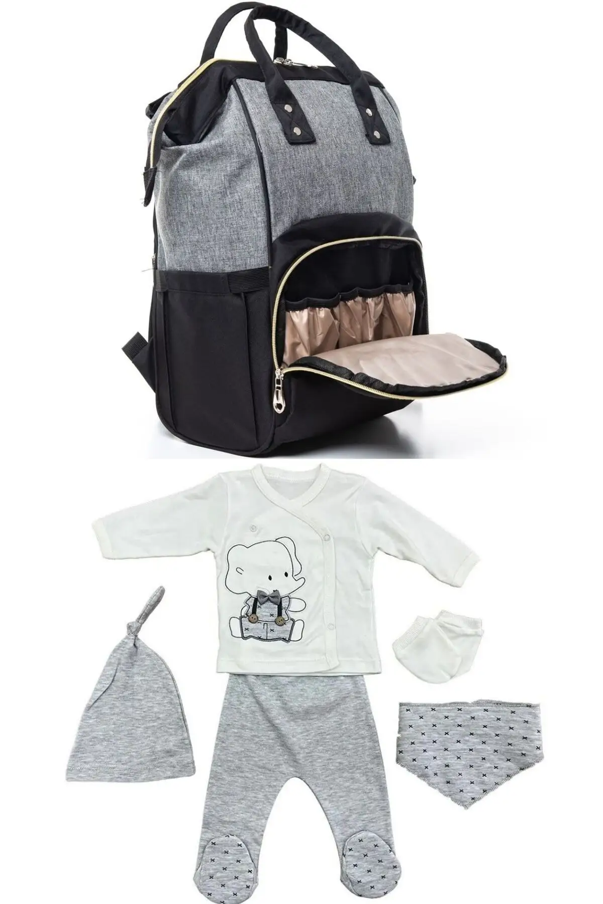 

2 Pieces 100% Cotton Hospital Outlet and Waterproof Stack-Free Functional Baby Care Backpack Set Gray