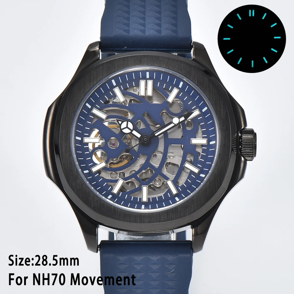 Hollow Skeleton Dial with C3 Green Luminous Accents, 28.5mm, Black & Blue Design