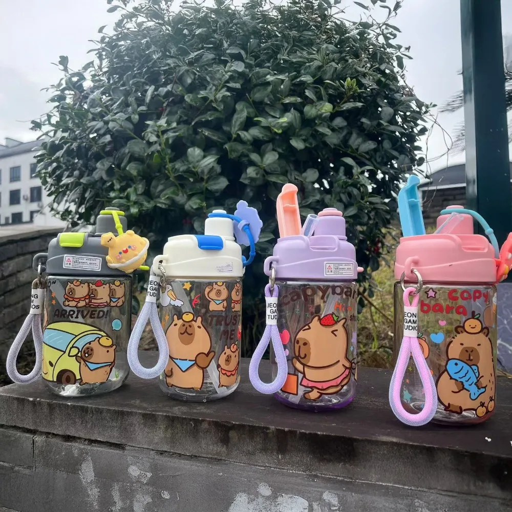 대용량 카피바라 물병 TPR PP 빨대 600ML 이중 음용컵 낙하 방지 탈부착 가능한 손잡이 휴대용 물병 스포츠용