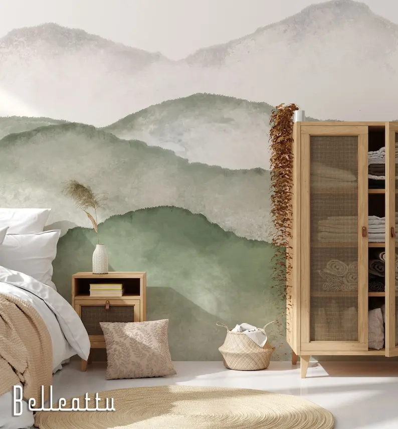 Green Hills Mountain Wall Decal / Peel And Stick Green Mountain / Nursery Wall Decal / Toddler Wall Mountain/Acquerello Landsc