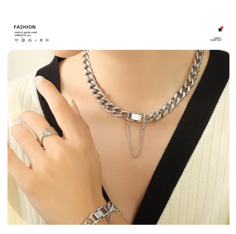 2023 neue kubanische Glieder kette Frauen Halskette Armband Set Mode Hip Hop Edelstahl Schmuck Sets für Frauen vergoldet – Detail 15