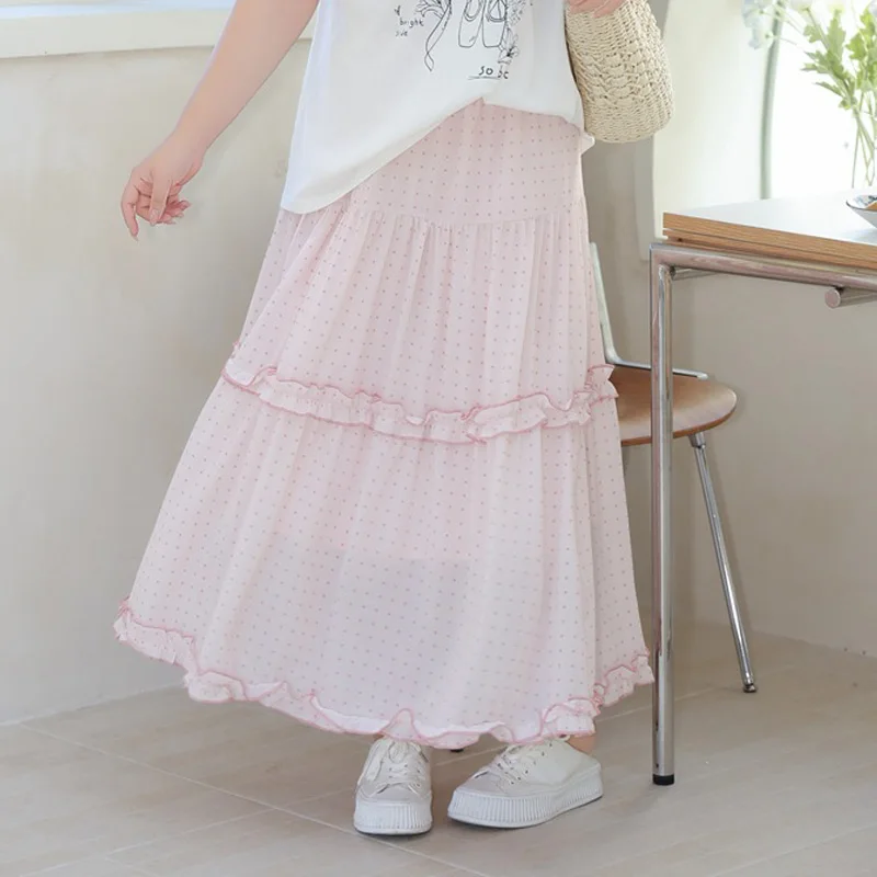 Plus Size Women's Long Cake Skirts Casual Premium Lotus Pink Dot Ruffled High Waist Summer 2025