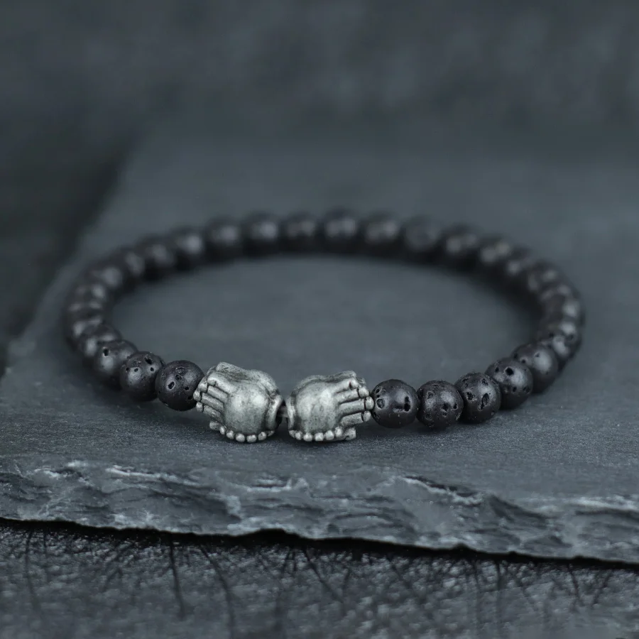 Men Viking Bracelet Lava Obsidian Stone Beaded