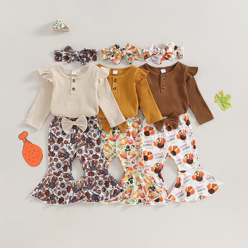

3pcs Thanksgiving Day Newborn Baby Girls Clothes Sets 0-12M Turkey Letter Print Long Puff Sleeve Romper+Flare Pants Hairband Set