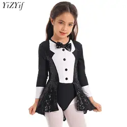 Kids Girls Halloween Circus Stage Performance Costume Ringmaster Fancy Dress Up Long Sleeves Bow Tie Bling Sequin Dance Leotard